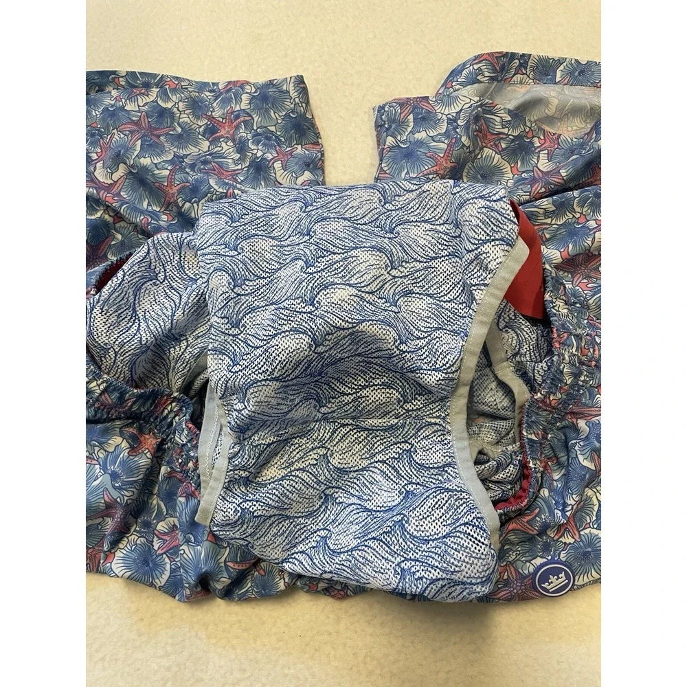 Peter Millar Seaside Lined Swim Trunks Mens Size XL AOP Starfish Blue Pockets